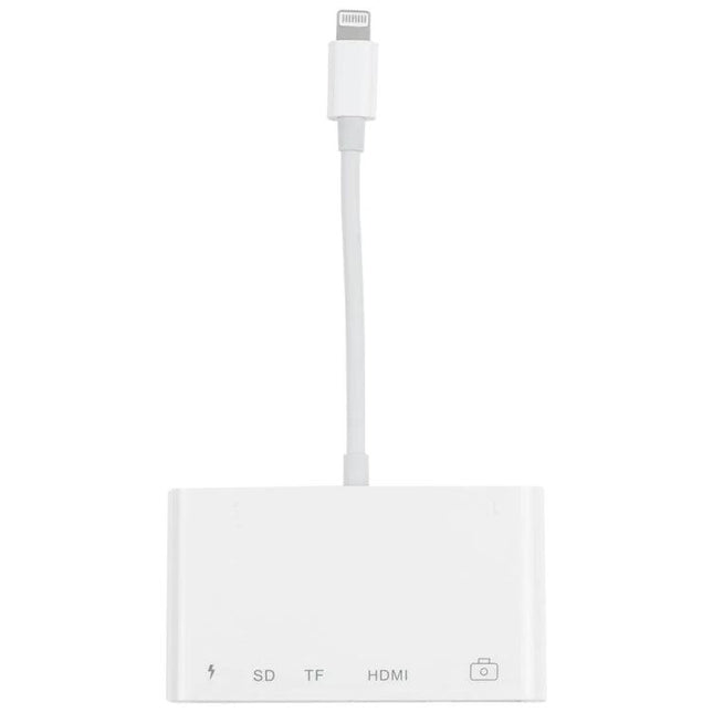Compact Adapter for Daily Device Links and Media Sharing - white 8 Pin multiport hub with HDMI, SD, TF and charging icon