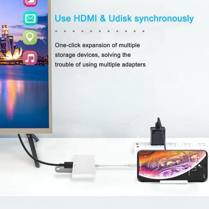 Compact Adapter for Daily Device Links and Media Sharing connecting phone to HDMI TV and USB drive for travel and file transfer
