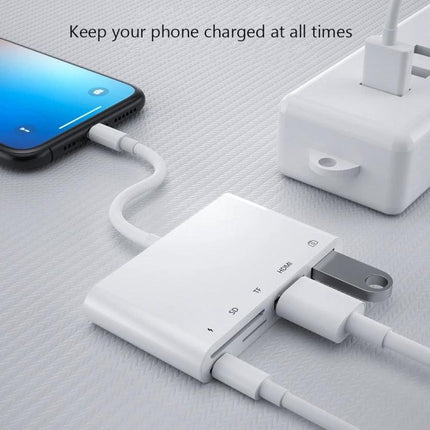 Compact Adapter for Daily Device Links and Media Sharing – white 8‑Pin hub connecting phone to HDMI, SD, TF and charger for travel and file transfer