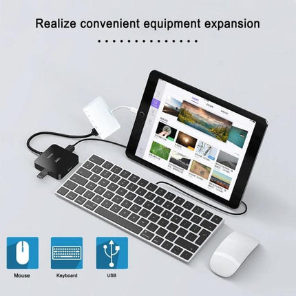 Compact Adapter for Daily Device Links and Media Sharing - 8 Pin travel adapter connecting tablet to keyboard, mouse, HDMI and USB for file transfer