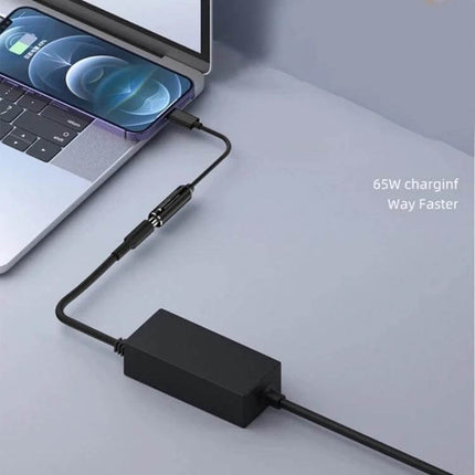 Nylon Braided USB-C to Square Port Adapter Cable for Lenovo Devices connected to laptop and charger showing 65W charging, nylon braided cable for travel
