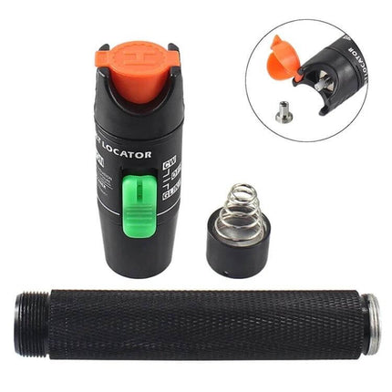 Visual Fault Locator Red Light Pen for Fiber Optic Testing with aluminum alloy body, removable cap and battery compartment, ideal for tracing breaks
