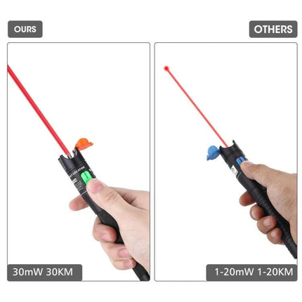 Visual Fault Locator Red Light Pen for Fiber Optic Testing showing strong 30mW red beam and aluminum alloy body for network tracing and fault detection