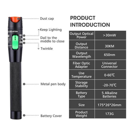 Visual Fault Locator Red Light Pen for Fiber Optic Testing - aluminum alloy metal pen body with dust cap and battery cover, 650nm, >30mW, 30KM range
