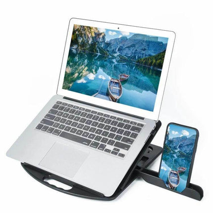 Laptop Cooling Stand with Adjustable Phone Holder for Daily Use - black ergonomic laptop cooler with built-in phone holder