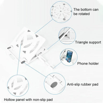 Laptop Cooling Stand with Adjustable Phone Holder for Daily Use - white foldable stand with phone holder, triangle support, anti-slip pads, hollow cooling panels