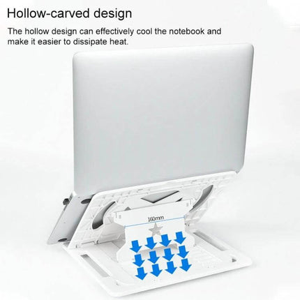 Laptop Cooling Stand with Adjustable Phone Holder for Daily Use showing hollow-carved airflow vents under elevated laptop