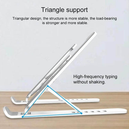 Foldable Adjustable Laptop Stand for Home and Office Use showing triangular support, adjustable height and stable ABS-silicone construction for typing