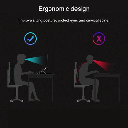 Foldable Adjustable Laptop Stand for Home and Office Use — ergonomic illustration showing correct elevated laptop posture to reduce neck and eye strain