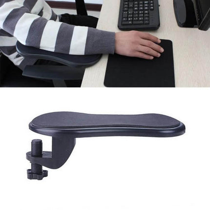 Ergonomic Arm Support Plate for Computer Desks with Rotation Feature attached to desk supporting forearm and mouse use