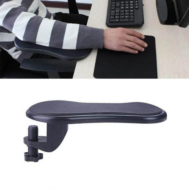 Ergonomic Arm Support Plate for Computer Desks with Rotation Feature attached to desk supporting forearm and mouse use