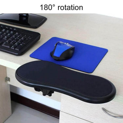 Ergonomic Arm Support Plate for Computer Desks with Rotation Feature attached to desk showing wrist-rest and mouse pad