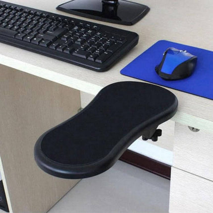 Ergonomic Arm Support Plate for Computer Desks with Rotation Feature mounted to desk beside keyboard and mouse