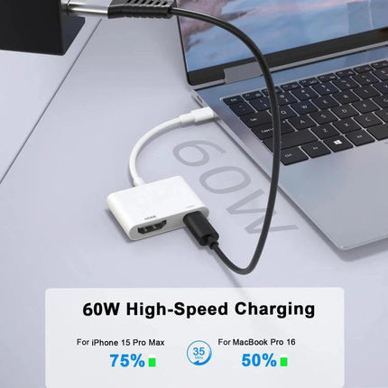 Connect your phone to TV for everyday video sharing sessions - Type-C to HDMI adapter showing laptop and TV hookup