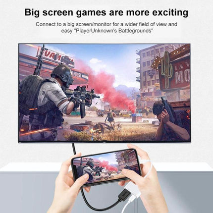 Connect your phone to TV for everyday video sharing sessions Type-C to HDMI adapter showing phone mirrored to big screen during gaming