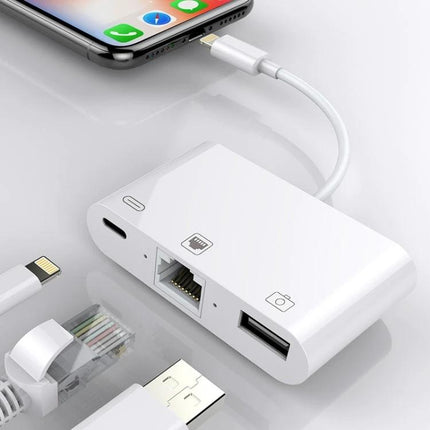 Daily Essential Cable for iPhone Camera Photo Transfers - white Lightning to USB and Ethernet adapter for importing photos and wired internet