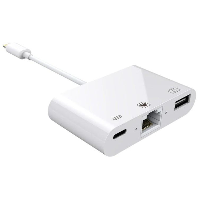Daily Essential Cable for iPhone Camera Photo Transfers - white Lightning to USB, Ethernet and camera adapter for photo import and wired internet