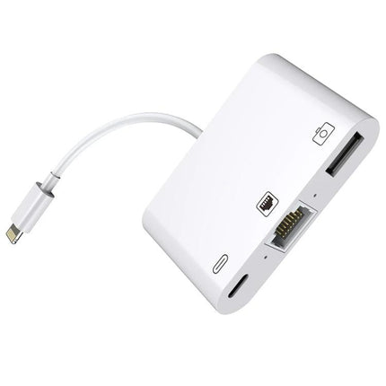 Daily Essential Cable for iPhone Camera Photo Transfers - white Lightning to USB, Ethernet and SD card adapter for photo import and wired internet