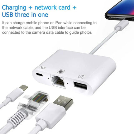 Daily Essential Cable for iPhone Camera Photo Transfers — white Lightning to USB + Ethernet adapter for photo import and wired network access
