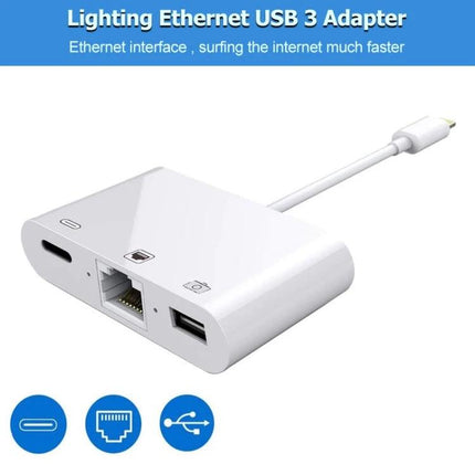 Daily Essential Cable for iPhone Camera Photo Transfers - white Lightning to Ethernet and USB 3 adapter for photo import and wired internet