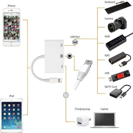 Daily Essential Cable for iPhone Camera Photo Transfers showing Lightning adapter connecting iPhone/iPad to camera, USB hub, Ethernet and SD card
