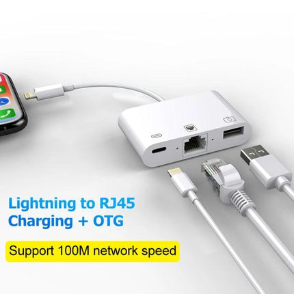 Daily Essential Cable for iPhone Camera Photo Transfers - Lightning to RJ45 adapter for photo import, USB OTG and 100M wired network support