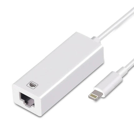Compact Ethernet Adapter for iPhone Home Networking Use — white Lightning-to-Ethernet dongle for stable wired internet
