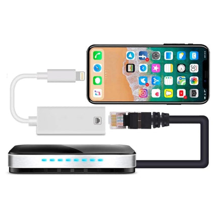 Compact Ethernet Adapter for iPhone Home Networking Use — white Lightning to RJ45 adapter connecting iPhone to router for stable wired internet
