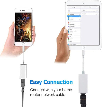 Compact Ethernet Adapter for iPhone Home Networking Use - iPhone and iPad plugged into wired router for stable home internet