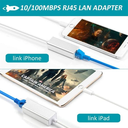 Compact Ethernet Adapter for iPhone Home Networking Use - silver RJ45 adapter connected to iPhone/iPad for stable wired internet