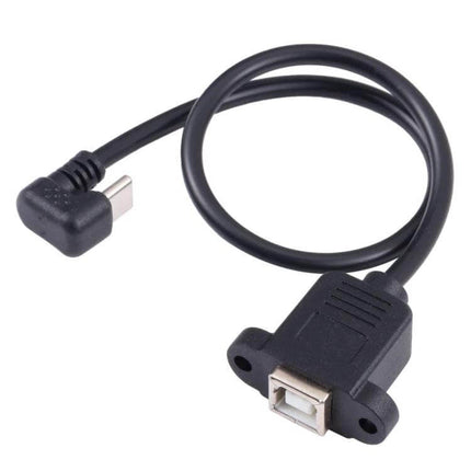 Alt Tag: USB-C to B-Type Square Female Adapter Cable for Data Transfer and Charging, black right-angle USB-C to square B-Type female adapter cable