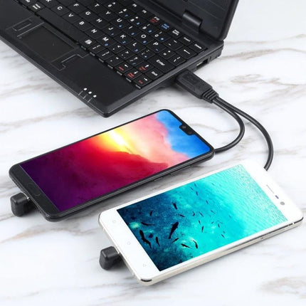Versatile Cable for Everyday Device Charging and Data Transfer - dual Micro USB and Type-C charging and data cable powering two phones from a laptop