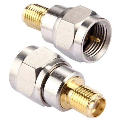F Male to SMA Female Connector for Cable and Antenna Links - close-up of nickel and gold plated adapter showing F male and SMA female ends