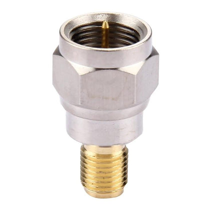 F Male to SMA Female Connector for Cable and Antenna Links - close-up of metal adapter showing threaded F male and SMA female ends