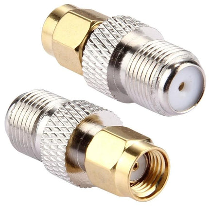 F Female to RP-SMA Male Connector for Antenna Cable Links - close-up of metal adapter showing F female and RP-SMA male ends