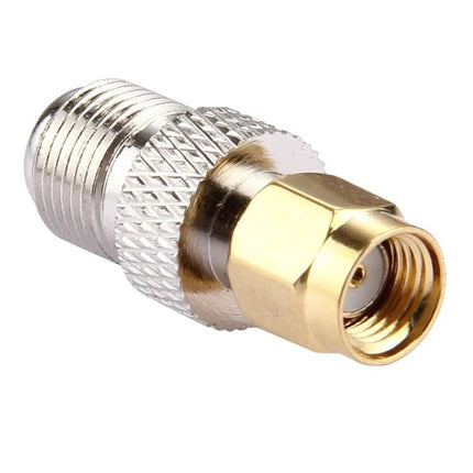 F Female to RP-SMA Male Connector for Antenna Cable Links - close-up of metal adapter with gold-plated RP-SMA male and threaded F female ends