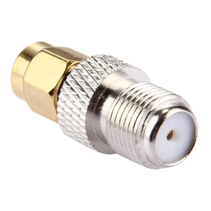 F Female to RP-SMA Male Connector for Antenna Cable Links - close-up of metallic adapter for WiFi antenna and cable connections