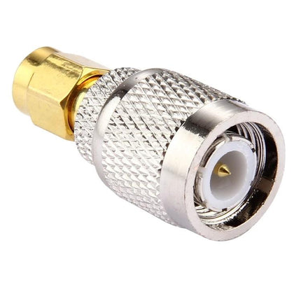 Pack of 2 TNC Male to SMA Male Connectors for Antenna Links - close-up of silver TNC male to gold SMA male adapter connector