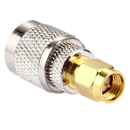 Pack of 2 TNC Male to SMA Male Connectors for Antenna Links, close-up of metal RF adapter with knurled TNC and gold SMA male