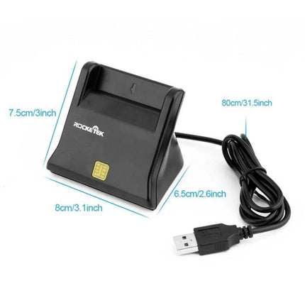 Rocketek Smart Card Reader for Online Banking Security USB desktop smart card reader showing slot, USB cable and dimensions for secure banking and digital signatures