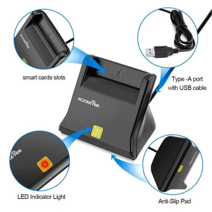 Rocketek Smart Card Reader for Online Banking Security USB smart card reader with Type-A cable, LED indicator, anti-slip pad, and contact smart card slot
