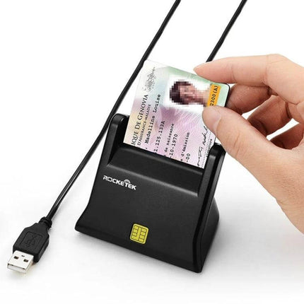 Rocketek Smart Card Reader for Online Banking Security USB smart card reader with person inserting ID for secure banking and digital signatures