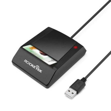 Rocketek USB Smart Card Reader for CAC, IC, and SIM Cards - black USB reader with CAC card inserted, plug-and-play secure authentication device