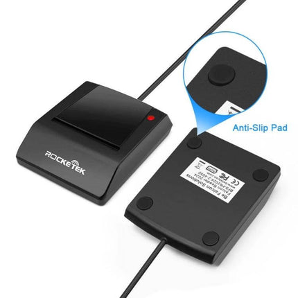 Rocketek USB Smart Card Reader for CAC, IC, and SIM Cards compact black reader with anti-slip pads and USB cable for secure authentication