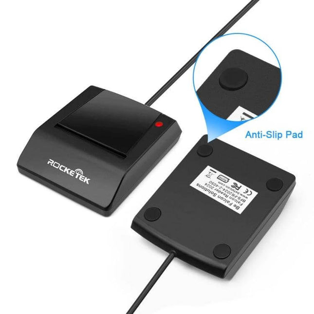 Rocketek USB Smart Card Reader for CAC, IC, and SIM Cards compact black reader with anti-slip pads and USB cable for secure authentication