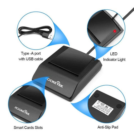 Rocketek USB Smart Card Reader for CAC, IC, and SIM Cards showing USB Type-A cable, LED indicator, smart card slots and anti-slip pad