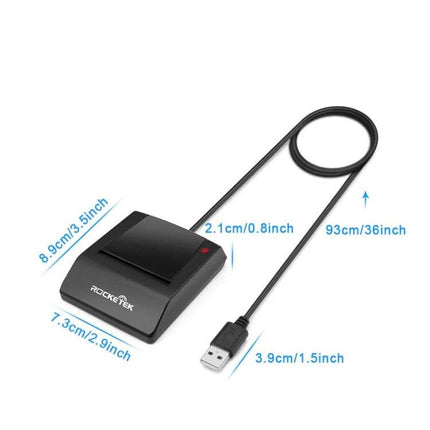 Rocketek USB Smart Card Reader for CAC, IC, and SIM Cards black USB reader with 93cm cable, dimensions shown, compatible with CAC IC and SIM cards