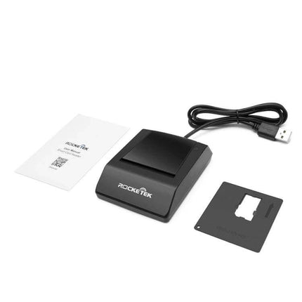 Rocketek USB Smart Card Reader for CAC, IC, and SIM Cards showing reader unit, USB cable, manual and SIM adapter for secure authentication