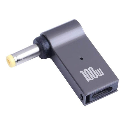USB-C Female to DC Adapter for Computer and Laptop Charging angled gray adapter with DC barrel plug labeled 100W, ideal for travel and laptop power