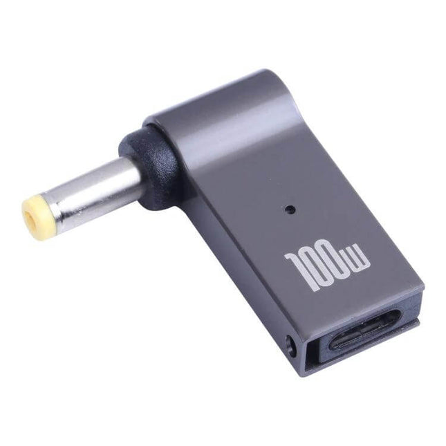 USB-C Female to DC Adapter for Computer and Laptop Charging angled gray adapter with DC barrel plug labeled 100W, ideal for travel and laptop power